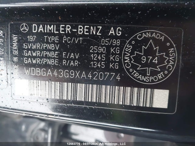Aukcja sprzedaży 1999 Mercedes-benz S 420, vin: WDBGA43G9XA420774, numer aukcji: 12583776