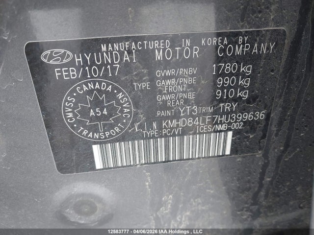 KMHD84LF7HU399636 Hyundai ELANTRA GL