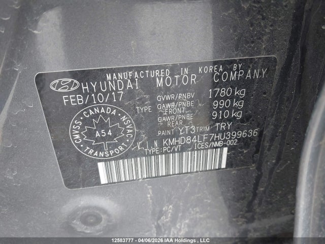 KMHD84LF7HU399636 Hyundai ELANTRA GL