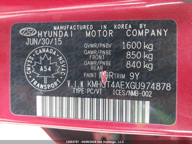 12583787 :رقم المزاد ، KMHCT4AEXGU974878 vin ، 2016 Hyundai Accent Gl مزاد بيع