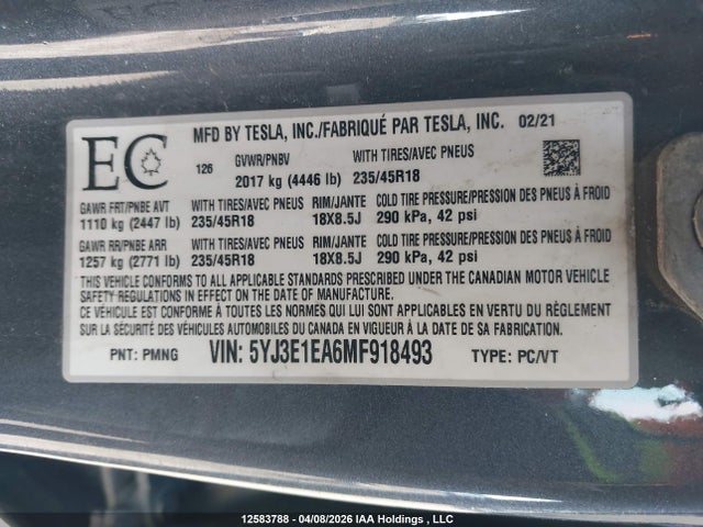 Aukcja sprzedaży 2021 Tesla Model 3 Standard Range/standard Range Plus, vin: 5YJ3E1EA6MF918493, numer aukcji: 12583788