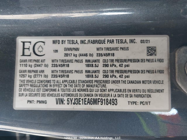 Aukcja sprzedaży 2021 Tesla Model 3 Standard Range/standard Range Plus, vin: 5YJ3E1EA6MF918493, numer aukcji: 12583788