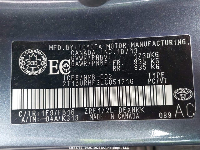 12583789 :رقم المزاد ، 2T1BURHE3EC051216 vin ، 2014 Toyota Corolla مزاد بيع