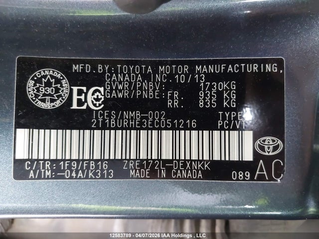 12583789 :رقم المزاد ، 2T1BURHE3EC051216 vin ، 2014 Toyota Corolla مزاد بيع