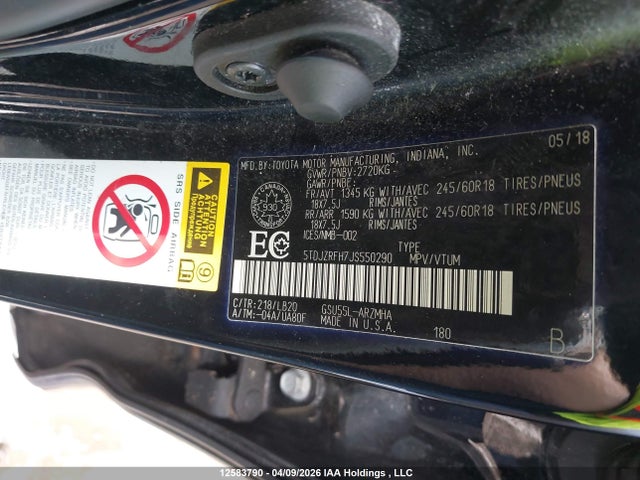 2018 Toyota Highlander Xle მანქანა იყიდება აუქციონზე, vin: 5TDJZRFH7JS550290, აუქციონის ნომერი: 12583790