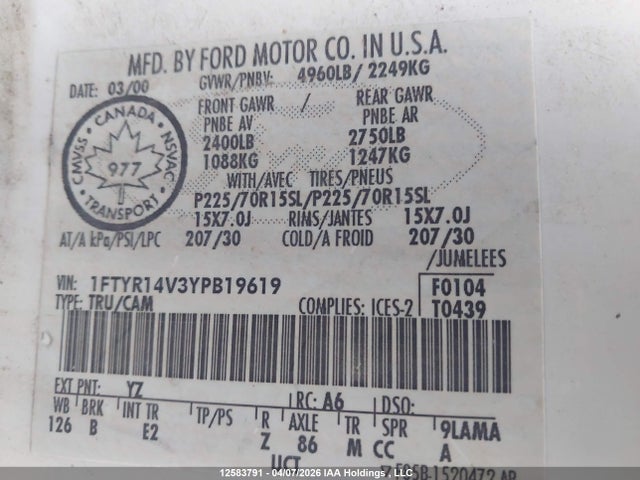 12583791 :رقم المزاد ، 1FTYR14V3YPB19619 vin ، 2000 Ford Ranger Super Cab مزاد بيع