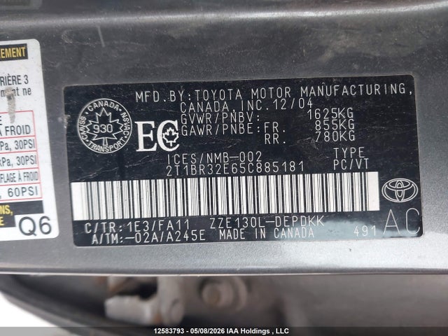Aukcja sprzedaży 2005 Toyota Corolla S Plus, vin: 2T1BR32E65C885181, numer aukcji: 12583793