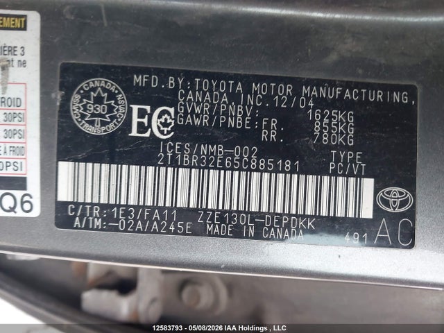 Aukcja sprzedaży 2005 Toyota Corolla S Plus, vin: 2T1BR32E65C885181, numer aukcji: 12583793