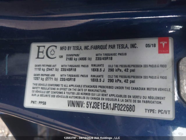 Продаж на аукціоні авто 2018 Tesla Model 3, vin: 5YJ3E1EA1JF022680, номер лоту: 12583797