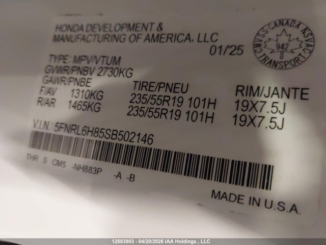 5FNRL6H85SB502146 Honda Odyssey Touring
