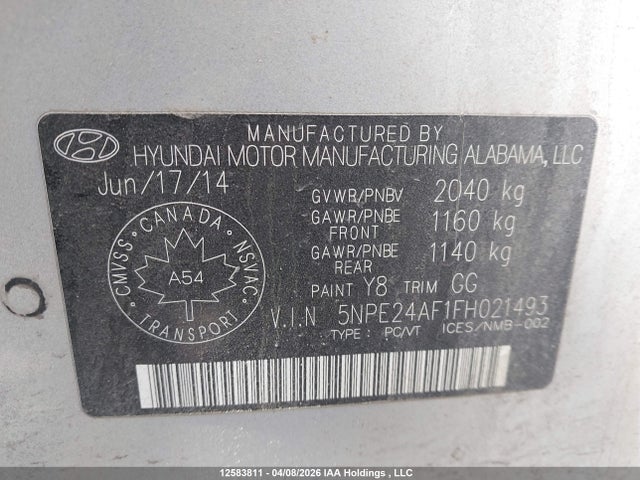 5NPE24AF1FH021493 Hyundai SONATA GLS