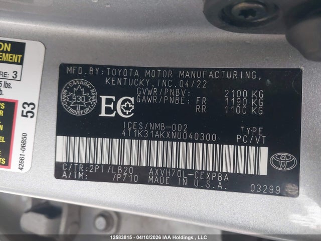 4T1K31AKXNU040300 Toyota Camry Hybrid Xse