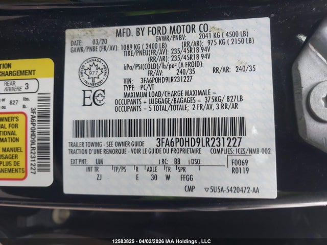 12583825 :رقم المزاد ، 3FA6P0HD9LR231227 vin ، 2020 Ford Fusion Se مزاد بيع