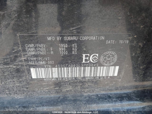 12583828 :رقم المزاد ، 4S3GTAB62L3703843 vin ، 2020 Subaru Impreza مزاد بيع