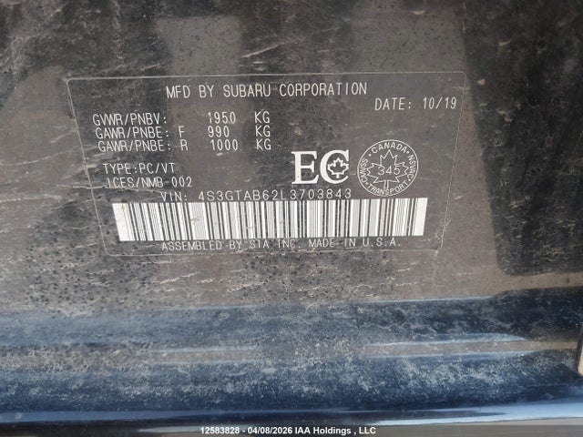 12583828 :رقم المزاد ، 4S3GTAB62L3703843 vin ، 2020 Subaru Impreza مزاد بيع