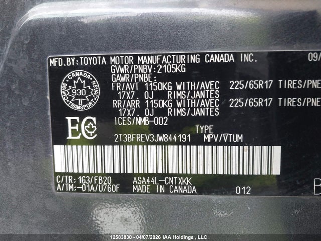 12583830 :رقم المزاد ، 2T3BFREV3JW844191 vin ، 2018 Toyota Rav4 Le مزاد بيع