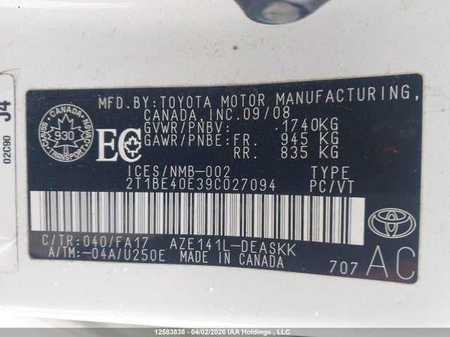 2009 Toyota Corolla Xrs Xrs მანქანა იყიდება აუქციონზე, vin: 2T1BE40E39C027094, აუქციონის ნომერი: 12583838
