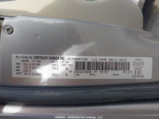 12583843 :رقم المزاد ، 2C4RDGDG1FR603291 vin ، 2015 Dodge Grand Caravan Crew مزاد بيع