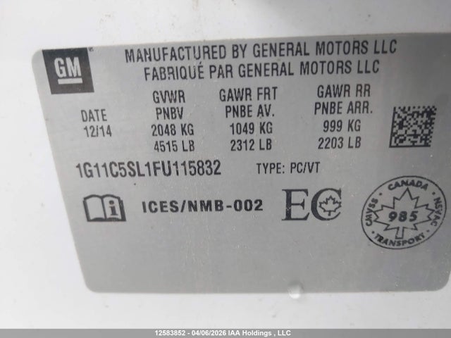 1G11C5SL1FU115832 Chevrolet MALIBU 1LT