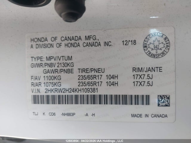 2HKRW2H24KH109381 Honda CR-V LX