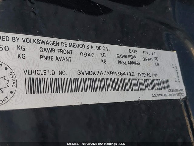 12583857 :رقم المزاد ، 3VWDK7AJXBM364712 vin ، 2011 Volkswagen Jetta مزاد بيع