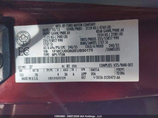 12583860 :رقم المزاد ، 1FMCU0G92EUB50175 vin ، 2014 Ford Escape Se مزاد بيع
