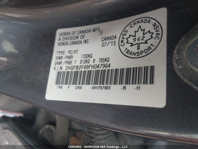 Aukcja sprzedaży 2015 Honda Civic Lx, vin: 2HGFB2F49FH047964, numer aukcji: 12583862