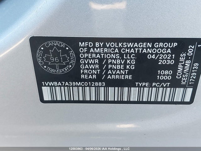 12583863 :رقم المزاد ، 1VWBA7A39MC012883 vin ، 2021 Volkswagen Passat Highline مزاد بيع