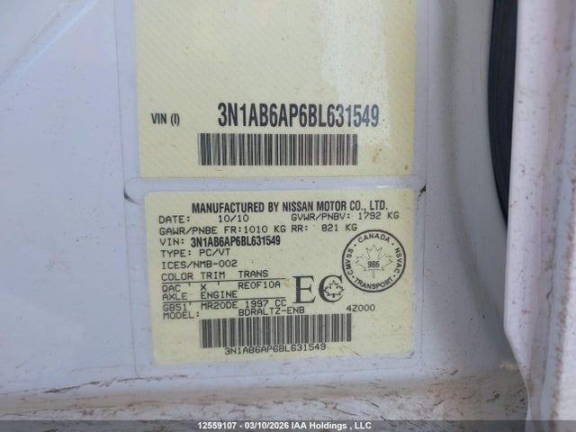 Продажа на аукционе авто 2011 Nissan Sentra 2.0s, vin: 3N1AB6AP6BL631549, номер лота: 12559107