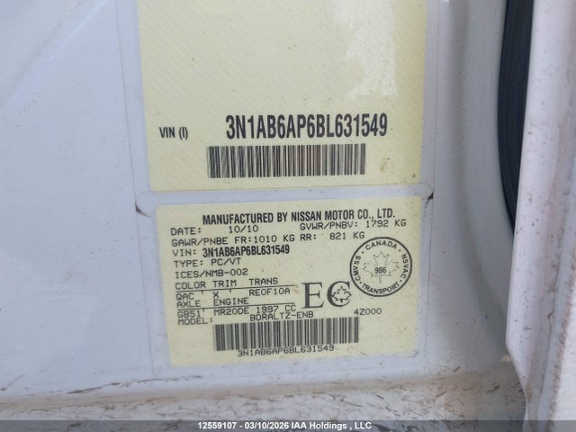 Продажа на аукционе авто 2011 Nissan Sentra 2.0s, vin: 3N1AB6AP6BL631549, номер лота: 12559107
