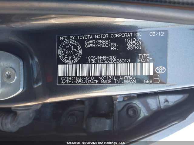 2012 Toyota Yaris მანქანა იყიდება აუქციონზე, vin: JTDKTUD36CD526013, აუქციონის ნომერი: 12583868
