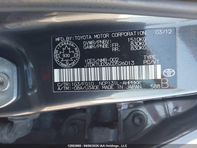 2012 Toyota Yaris მანქანა იყიდება აუქციონზე, vin: JTDKTUD36CD526013, აუქციონის ნომერი: 12583868