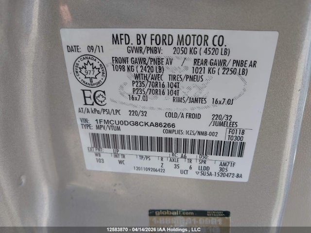 Продажа на аукционе авто 2012 Ford Escape Xlt, vin: 1FMCU0DG8CKA86266, номер лота: 12583870
