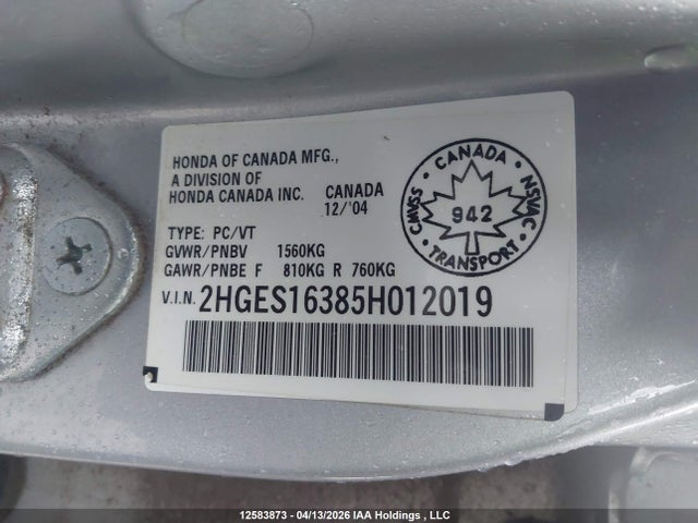 Продаж на аукціоні авто 2005 Honda Civic Se, vin: 2HGES16385H012019, номер лоту: 12583873