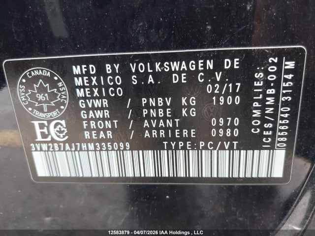 Aukcja sprzedaży 2017 Volkswagen Jetta Sedan, vin: 3VW2B7AJ7HM335099, numer aukcji: 12583879