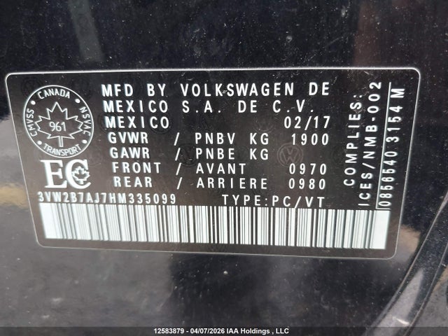 Aukcja sprzedaży 2017 Volkswagen Jetta Sedan, vin: 3VW2B7AJ7HM335099, numer aukcji: 12583879