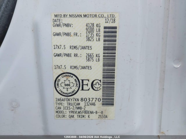 Auction sale of the 2019 Nissan Nv 2500 S/2500 Sv/3500 S/3500 Sv/3500 Sl, vin: 1N6AF0KY7KN803770, lot number: 12583888