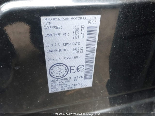 Aukcja sprzedaży 2013 Infiniti Jx35, vin: 5N1AL0MM1DC339570, numer aukcji: 12583893