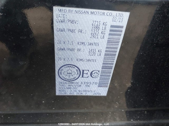 Aukcja sprzedaży 2013 Infiniti Jx35, vin: 5N1AL0MM1DC339570, numer aukcji: 12583893