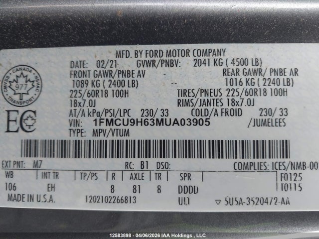 1FMCU9H63MUA03905 Ford ESCAPE SEL
