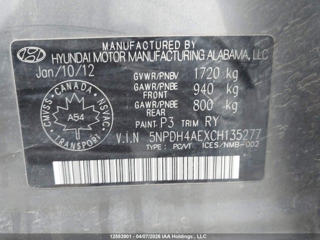 2012 Hyundai Elantra მანქანა იყიდება აუქციონზე, vin: 5NPDH4AEXCH135277, აუქციონის ნომერი: 12583901