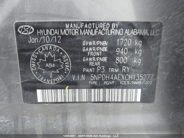 2012 Hyundai Elantra მანქანა იყიდება აუქციონზე, vin: 5NPDH4AEXCH135277, აუქციონის ნომერი: 12583901