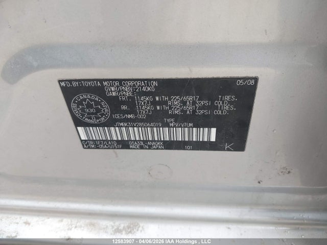 2008 Toyota Rav4 Limited V6 მანქანა იყიდება აუქციონზე, vin: JTMBK31V285064019, აუქციონის ნომერი: 12583907