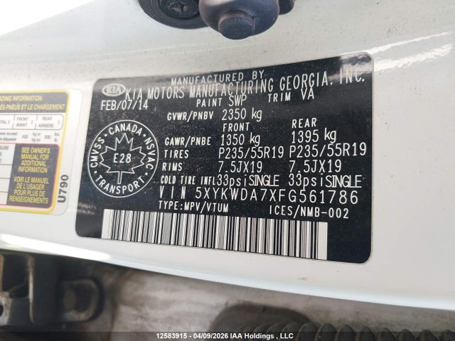 5XYKWDA7XFG561786 KIA SORENTO SX