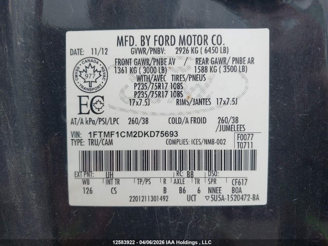 Aukcja sprzedaży 2013 Ford F150, vin: 1FTMF1CM2DKD75693, numer aukcji: 12583922