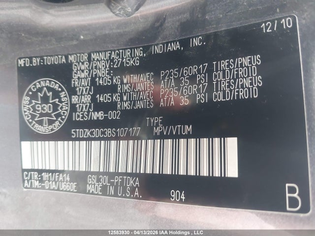 2011 Toyota Sienna მანქანა იყიდება აუქციონზე, vin: 5TDZK3DC3BS107177, აუქციონის ნომერი: 12583930