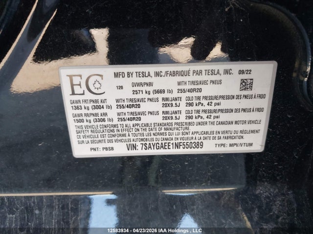 Tesla Model Y Long Range 2022 7SAYGAEE1NF550389 Image 18