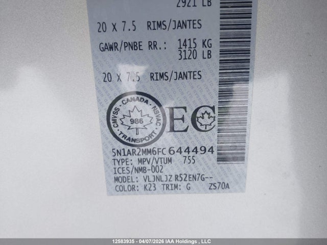 12583935 :رقم المزاد ، 5N1AR2MM6FC644494 vin ، 2015 Nissan Pathfinder Platinum/s/sl/sv مزاد بيع