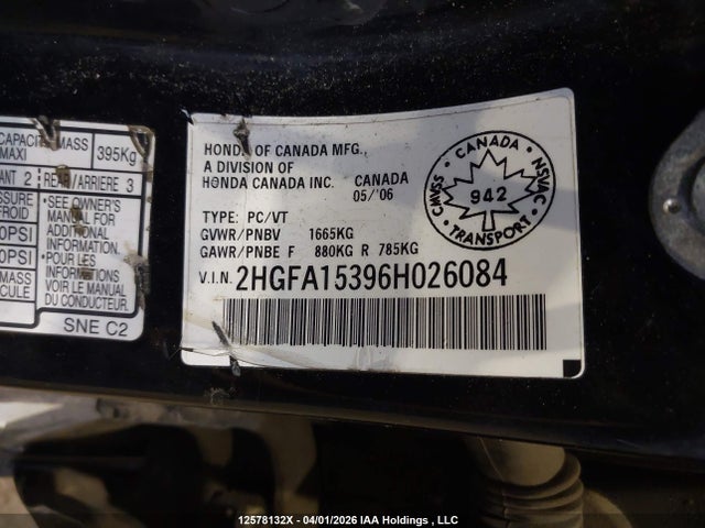 12578132 :رقم المزاد ، 2HGFA15396H026084 vin ، 2006 Honda Civic Dx-g مزاد بيع