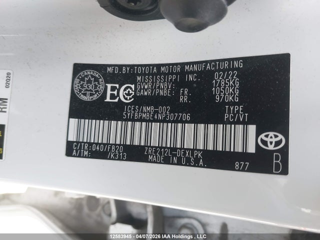 2022 Toyota Corolla Le მანქანა იყიდება აუქციონზე, vin: 5YFBPMBE4NP307706, აუქციონის ნომერი: 12583945